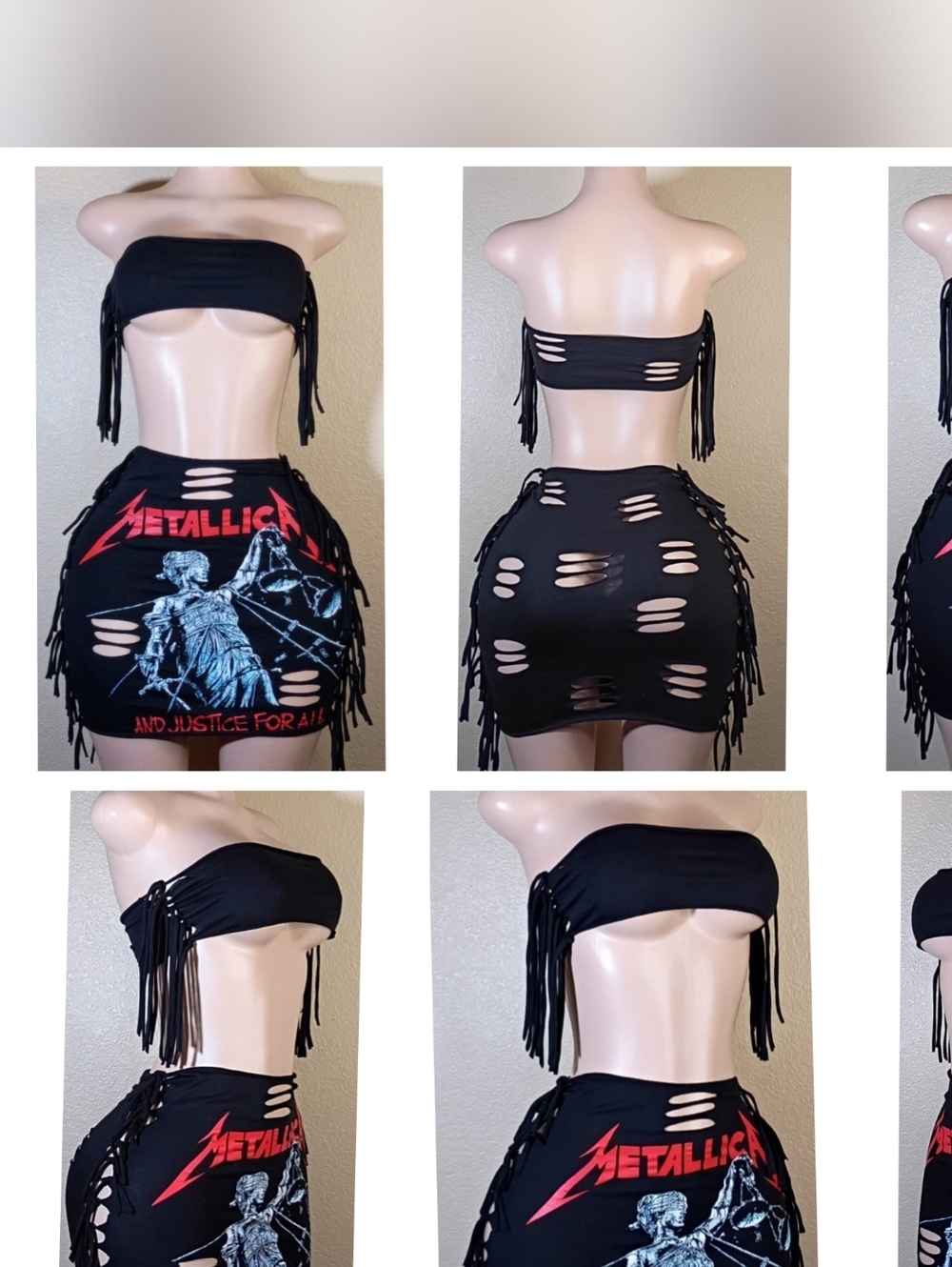 Black Custom Metallica  Distressed Fringe Skirt Set